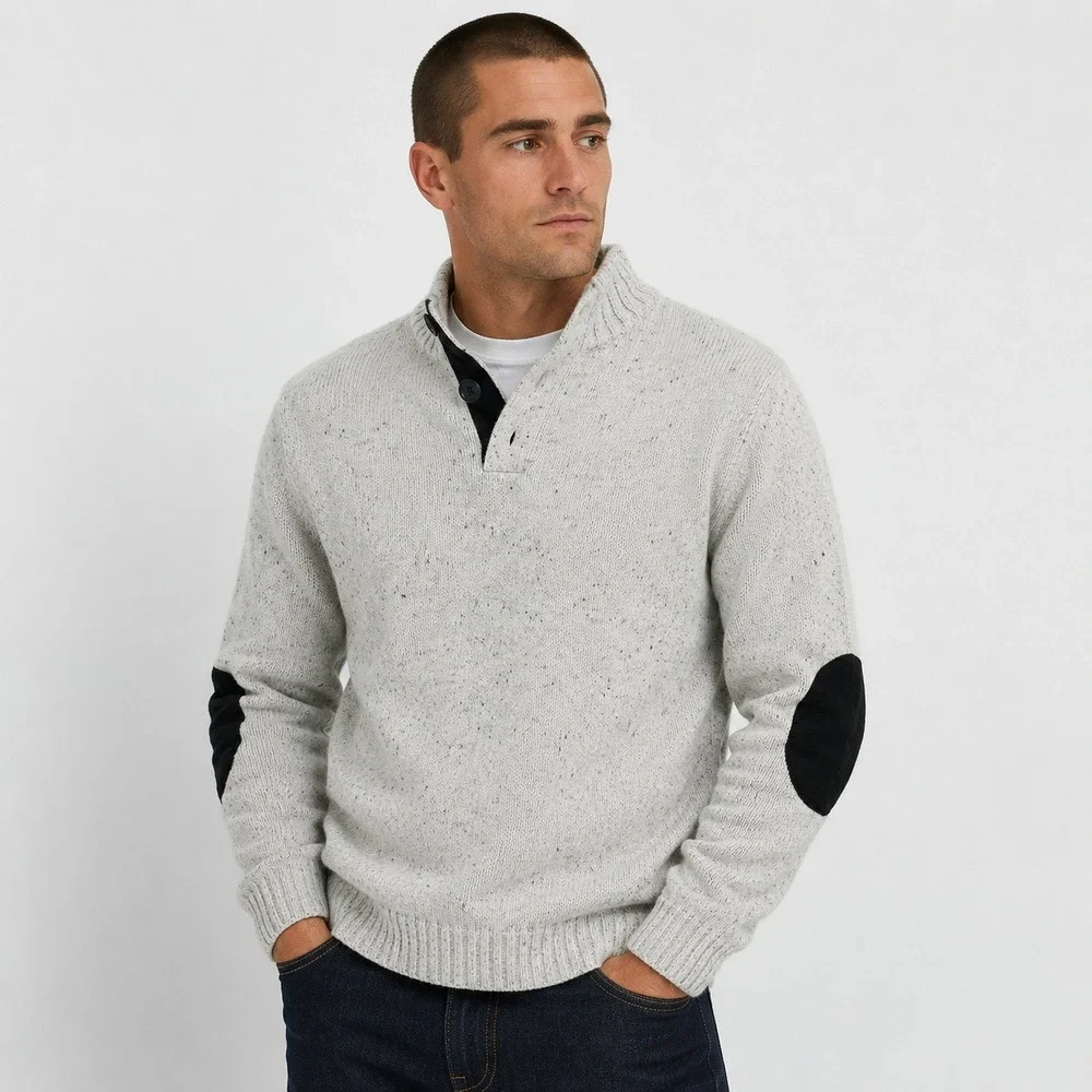 Chaps Mock Neck Sweater Mens‎ XXL Oatmeal Cream Elbow Patches Preppy Academia